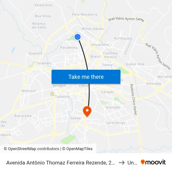 Avenida Antônio Thomaz Ferreira Rezende, 2174-6134 to Unitri map