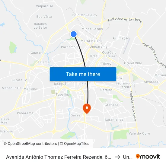 Avenida Antônio Thomaz Ferreira Rezende, 6617-6687 to Unitri map
