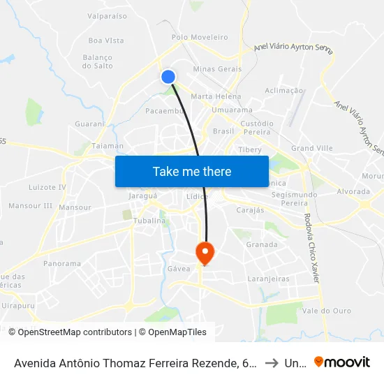 Avenida Antônio Thomaz Ferreira Rezende, 6969-7311 to Unitri map