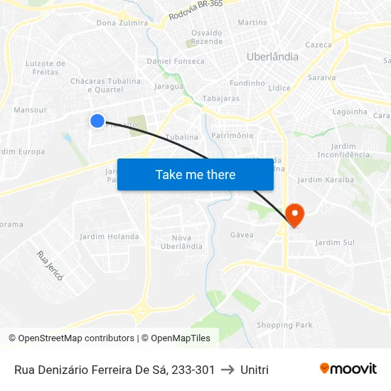Rua Denizário Ferreira De Sá, 233-301 to Unitri map