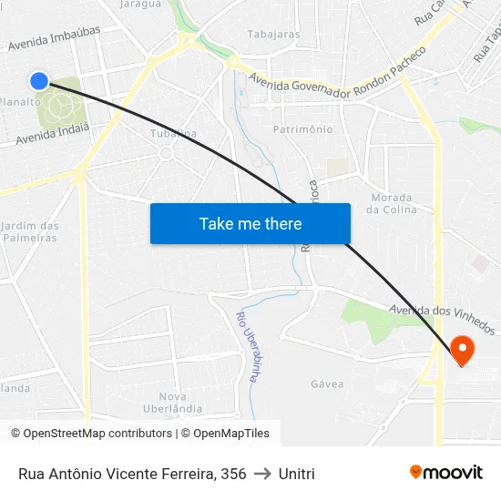Rua Antônio Vicente Ferreira, 356 to Unitri map