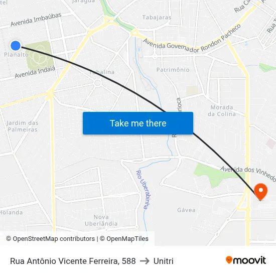 Rua Antônio Vicente Ferreira, 588 to Unitri map