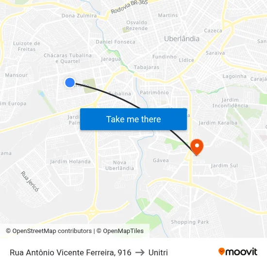 Rua Antônio Vicente Ferreira, 916 to Unitri map
