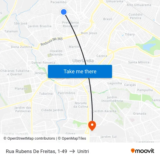 Rua Rubens De Freitas, 1-49 to Unitri map