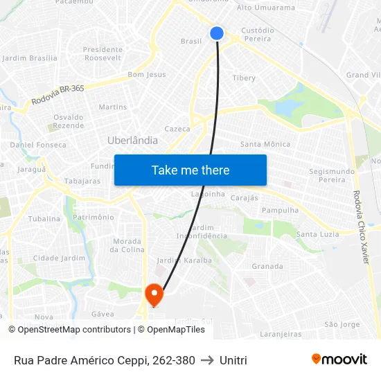 Rua Padre Américo Ceppi, 262-380 to Unitri map