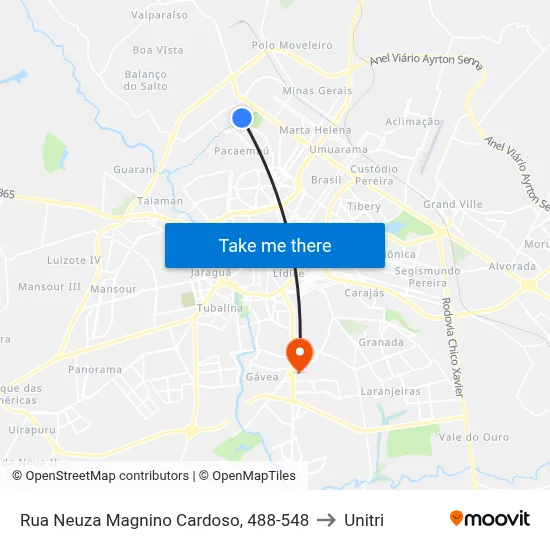 Rua Neuza Magnino Cardoso, 488-548 to Unitri map