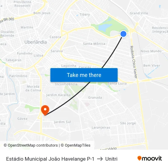 Estádio Municipal João Havelange P-1 to Unitri map