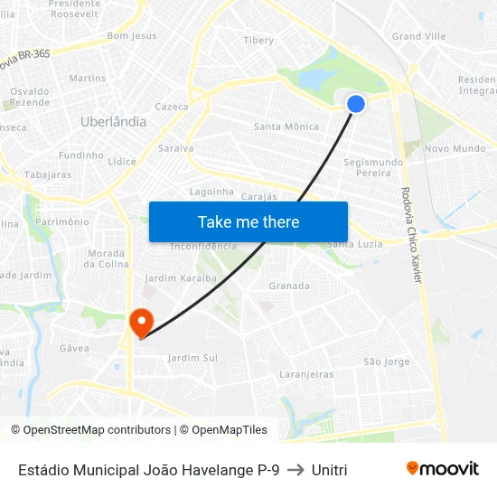 Estádio Municipal João Havelange P-9 to Unitri map