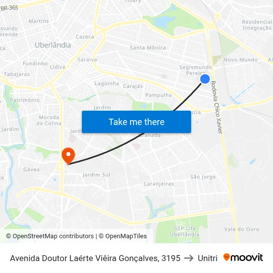 Avenida Doutor Laérte Viêira Gonçalves, 3195 to Unitri map