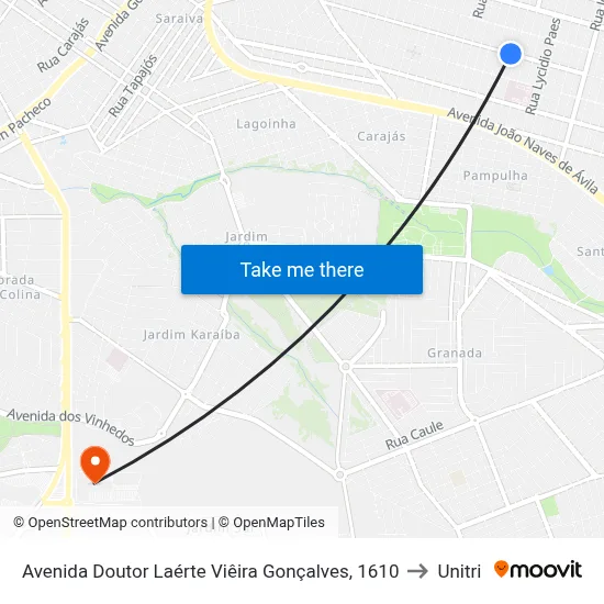 Avenida Doutor Laérte Viêira Gonçalves, 1610 to Unitri map