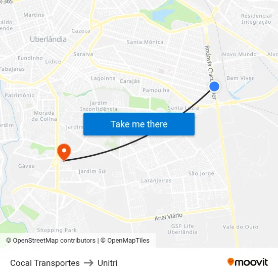 Cocal Transportes to Unitri map
