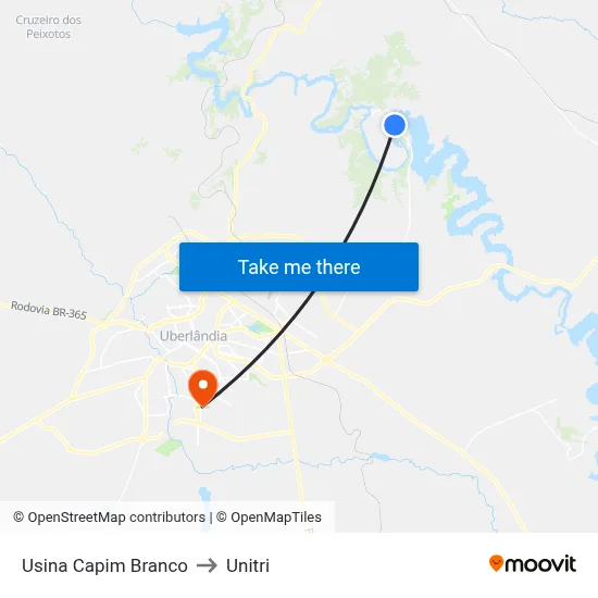 Usina Capim Branco to Unitri map