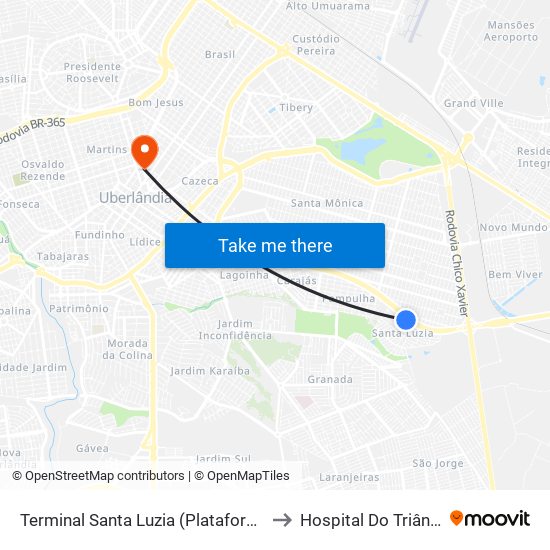 Terminal Santa Luzia (Plataforma A2) to Hospital Do Triângulo map
