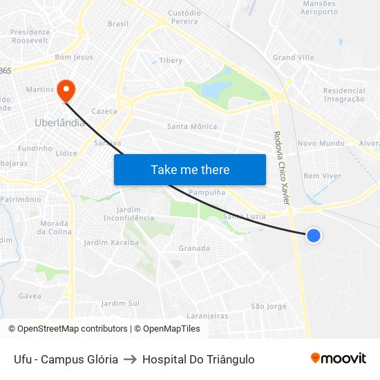 Ufu - Campus Glória to Hospital Do Triângulo map