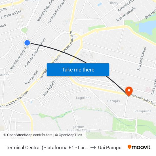 Terminal Central (Plataforma E1 - Laranja) to Uai Pampulha map