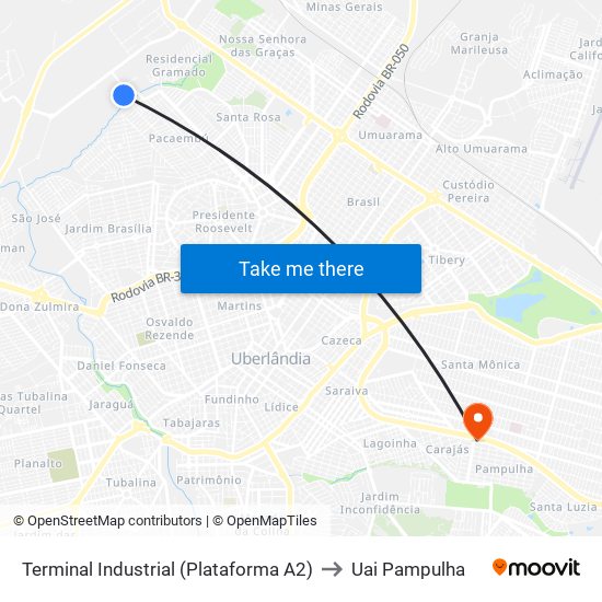 Terminal Industrial (Plataforma A2) to Uai Pampulha map