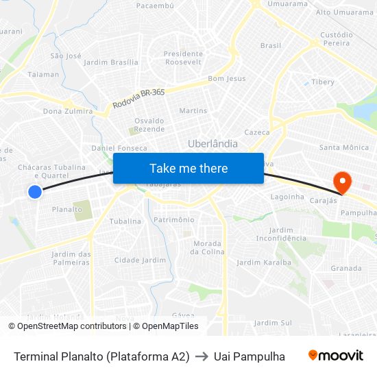 Terminal Planalto (Plataforma A2) to Uai Pampulha map