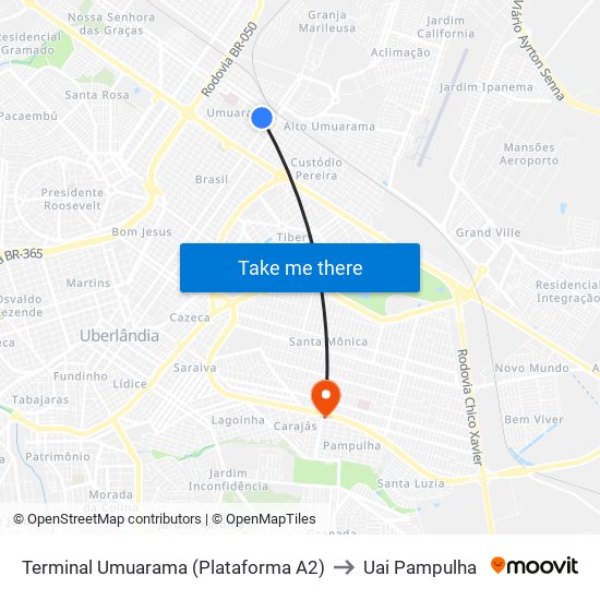 Terminal Umuarama (Plataforma A2) to Uai Pampulha map