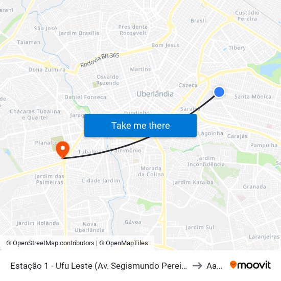 Estação 1 - Ufu Leste (Av. Segismundo Pereira) to Aacd map