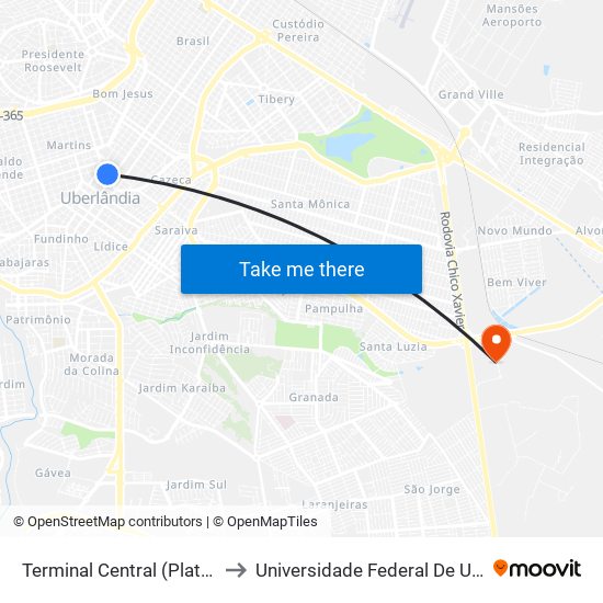 Terminal Central (Plataforma C2 - Vermelho) to Universidade Federal De Uberlândia (Campus Glória) map