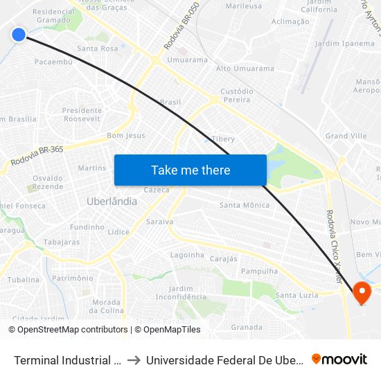 Terminal Industrial (Plataforma A2) to Universidade Federal De Uberlândia (Campus Glória) map