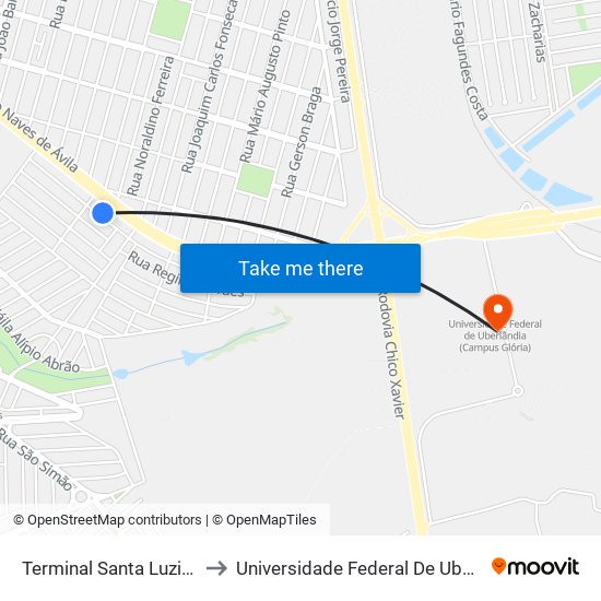 Terminal Santa Luzia (Plataforma A2) to Universidade Federal De Uberlândia (Campus Glória) map