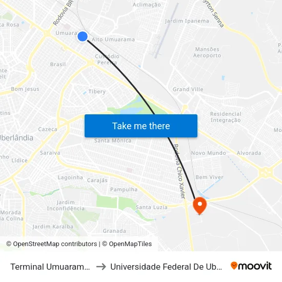 Terminal Umuarama (Plataforma A1) to Universidade Federal De Uberlândia (Campus Glória) map