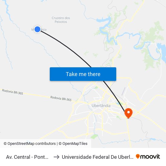 Av. Central - Ponto 2 (Martinésia) to Universidade Federal De Uberlândia (Campus Glória) map