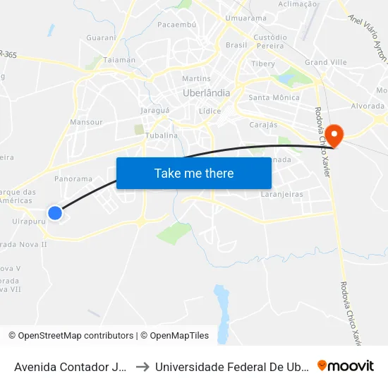 Avenida Contador José Candeloro, 268 to Universidade Federal De Uberlândia (Campus Glória) map