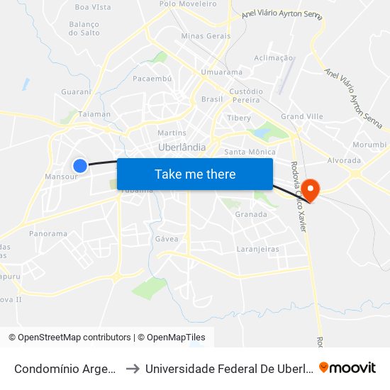 Condomínio Argentina - Parada 1 to Universidade Federal De Uberlândia (Campus Glória) map