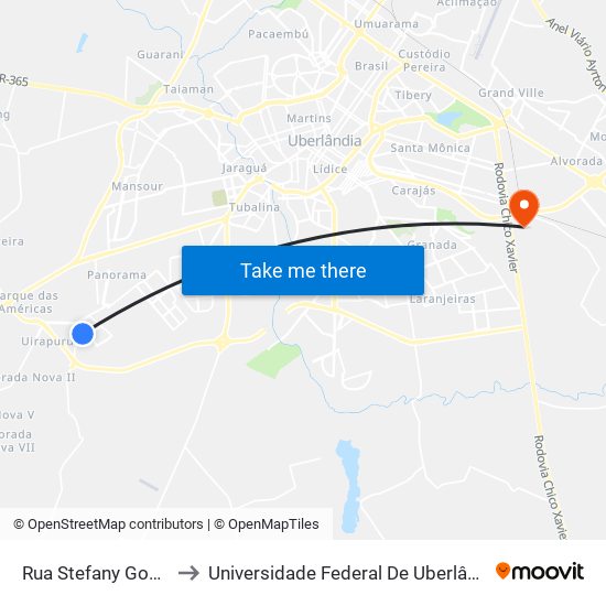 Rua Stefany  Gomes Pereira, to Universidade Federal De Uberlândia (Campus Glória) map
