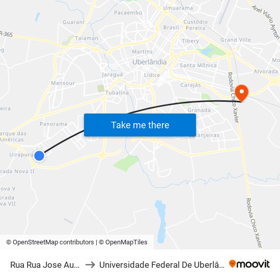 Rua Rua Jose Audes De Paula to Universidade Federal De Uberlândia (Campus Glória) map