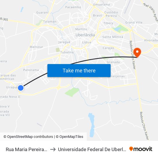 Rua Maria Pereira Rodrigues, 36 to Universidade Federal De Uberlândia (Campus Glória) map