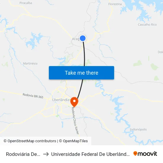 Rodoviária De Araguari to Universidade Federal De Uberlândia (Campus Glória) map