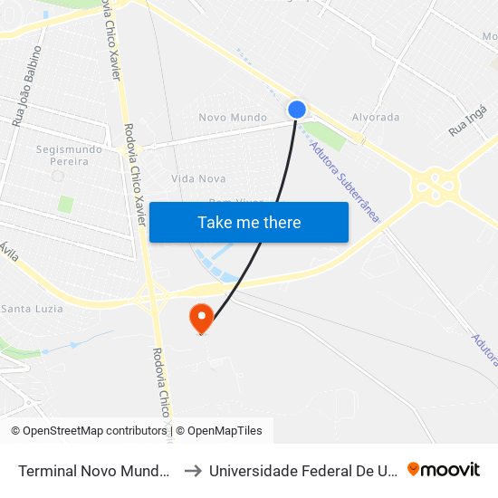 Terminal Novo Mundo - Área De Estocagem to Universidade Federal De Uberlândia (Campus Glória) map