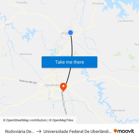 Rodoviária De Araguari to Universidade Federal De Uberlândia (Campus Glória) map