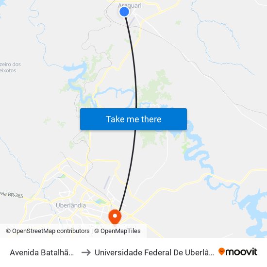Avenida Batalhão Mauá, 1283 to Universidade Federal De Uberlândia (Campus Glória) map
