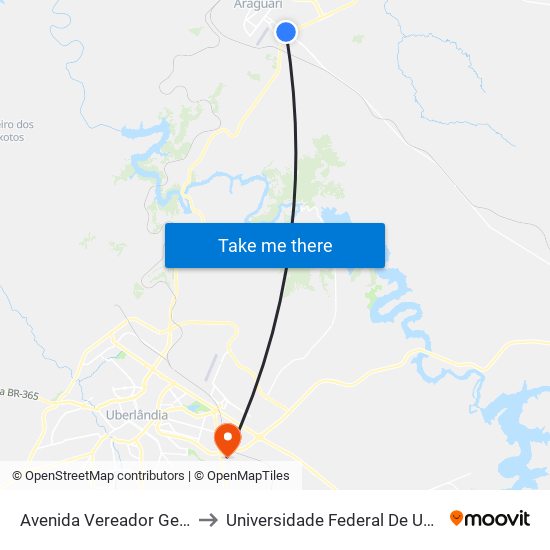 Avenida Vereador Geraldo Teodoro, 1470 to Universidade Federal De Uberlândia (Campus Glória) map