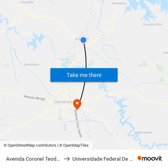 Avenida Coronel Teodolino Pereira Araújo, 301 to Universidade Federal De Uberlândia (Campus Glória) map