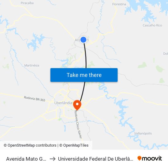 Avenida Mato Grosso, 1266 to Universidade Federal De Uberlândia (Campus Glória) map