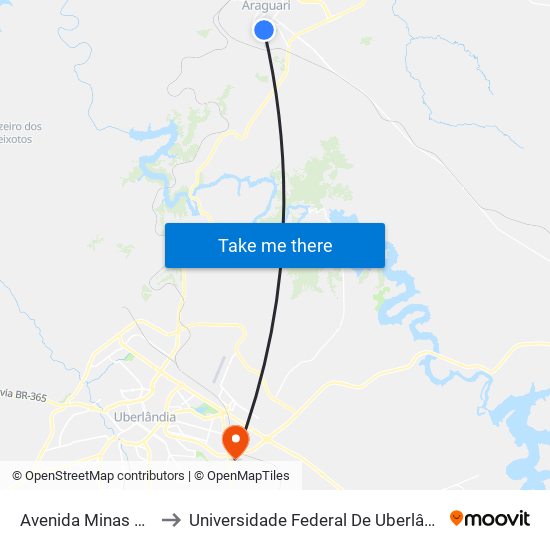 Avenida Minas Gerais, 2800 to Universidade Federal De Uberlândia (Campus Glória) map