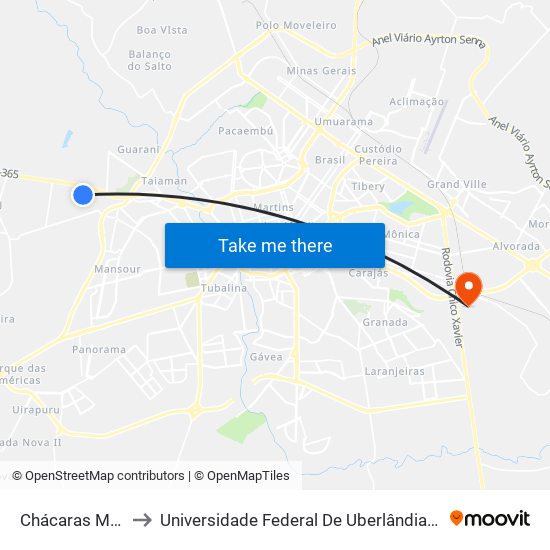 Chácaras Maravilha to Universidade Federal De Uberlândia (Campus Glória) map