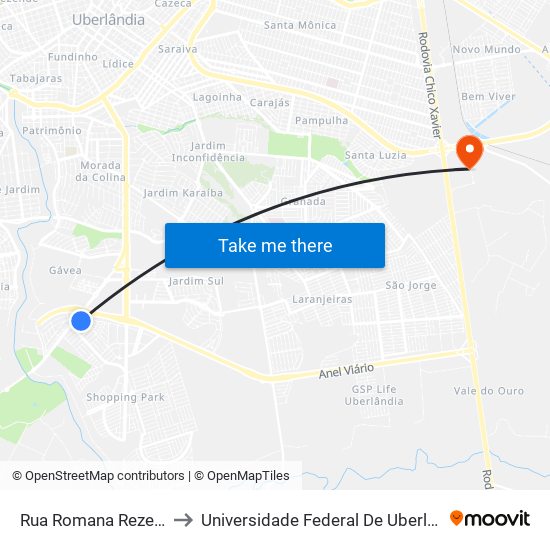 Rua Romana Rezende Silva, 205 to Universidade Federal De Uberlândia (Campus Glória) map