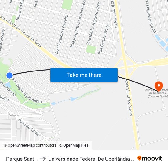 Parque Santa Luzia to Universidade Federal De Uberlândia (Campus Glória) map