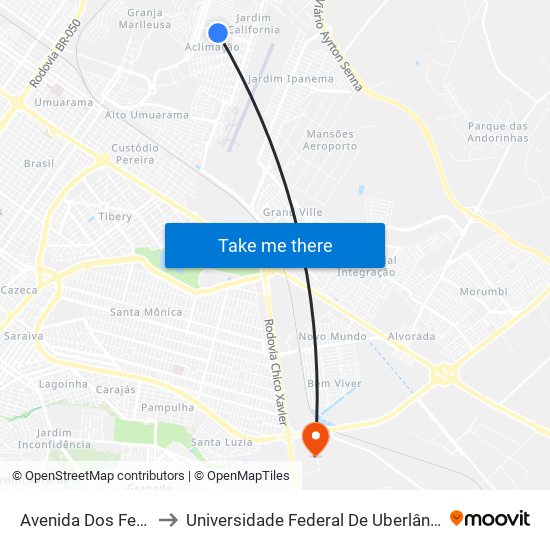 Avenida Dos Ferreiras, 530 to Universidade Federal De Uberlândia (Campus Glória) map