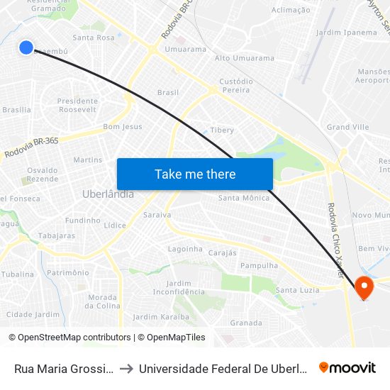 Rua Maria Grossi Raniero, 332 to Universidade Federal De Uberlândia (Campus Glória) map
