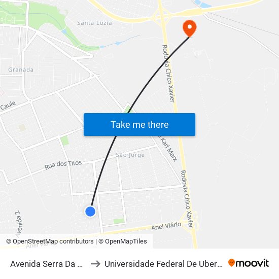 Avenida Serra Da Bodoquena 865 to Universidade Federal De Uberlândia (Campus Glória) map