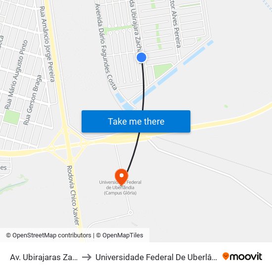 Av. Ubirajaras Zacharias, 342 to Universidade Federal De Uberlândia (Campus Glória) map