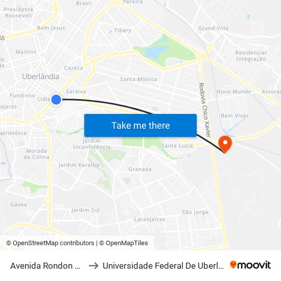 Avenida Rondon Pacheco, 2414 to Universidade Federal De Uberlândia (Campus Glória) map