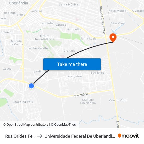 Rua Orides Ferreira 50 to Universidade Federal De Uberlândia (Campus Glória) map